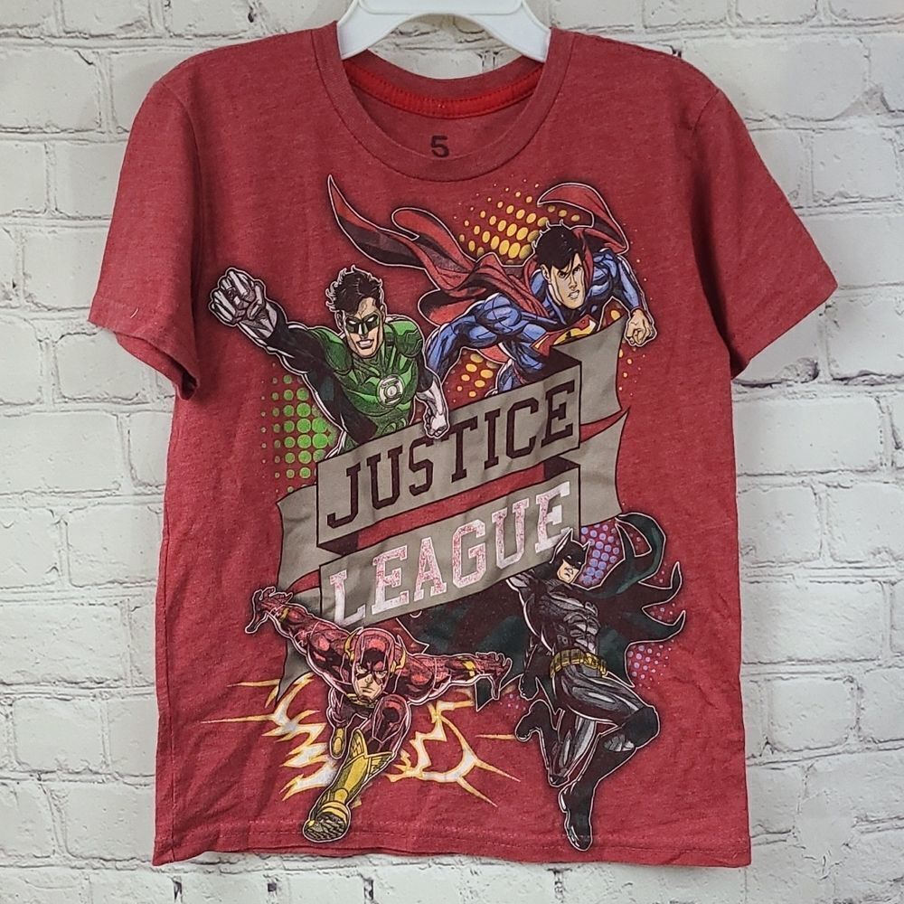 DC Comics Boys Size 5 Red JUSTICE LEAGUE Tee Shirt Batman Superman Flash Lantern